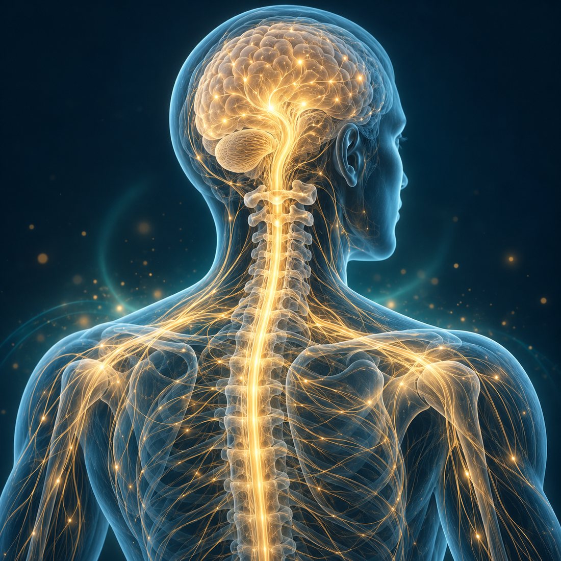Illustration of the human nervous system glowing along the brain, spine, and nerves